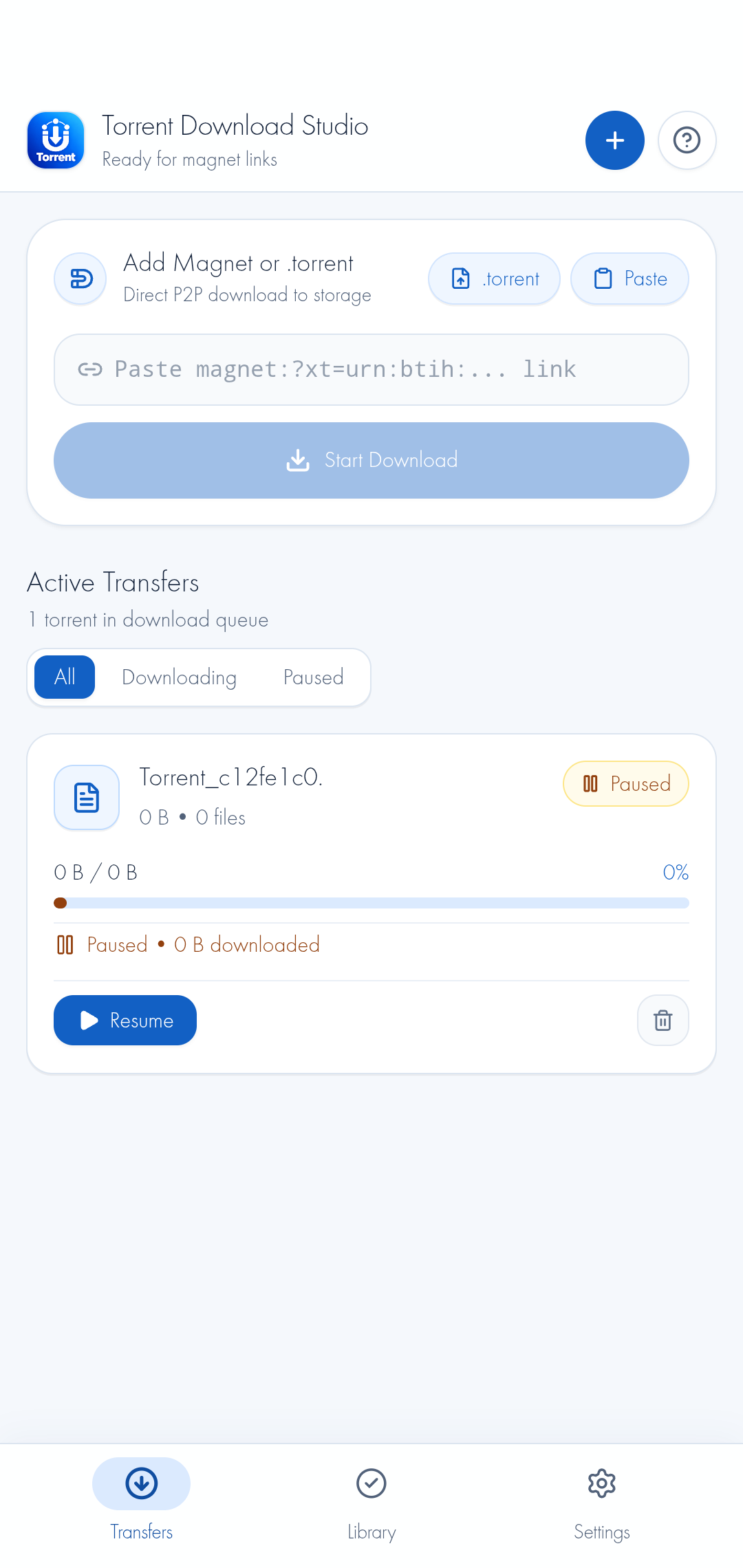 Torrent Download Studio Paused Transfer Card and Queue Controls