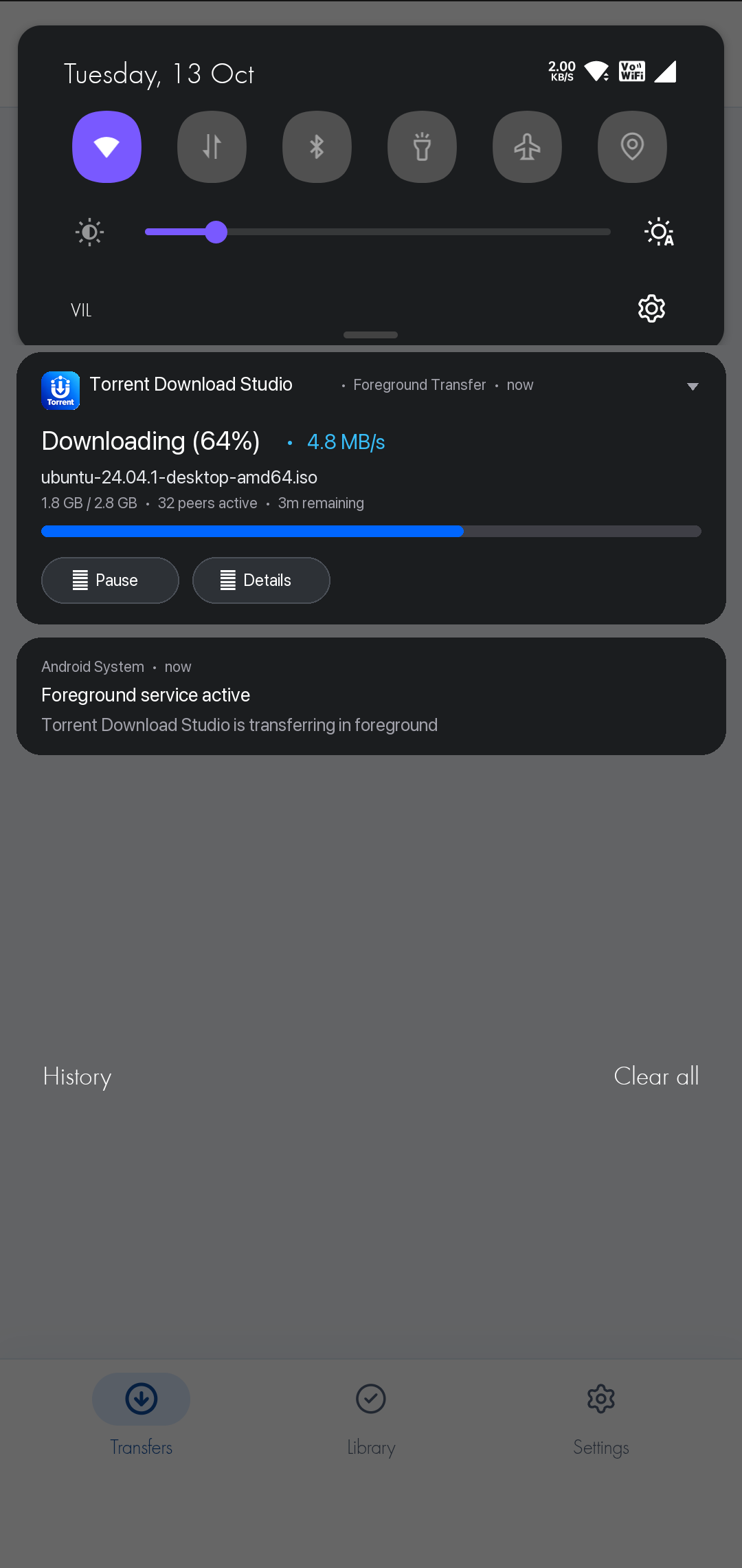Android Notification Shade showing Torrent Download Studio foreground transfer progress